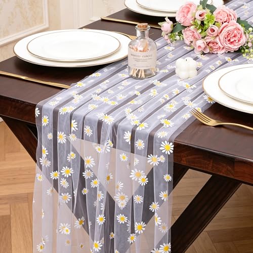 10FT White Daisy Summer Tulle Table Runner 120 Inch Seasonal Flower Sheer Gauze Table Runner Dining Birthday Party Wedding Christmas Holiday Decor for Home Party Decorations - color: White Daisy, size: 10 ft × 1 pc