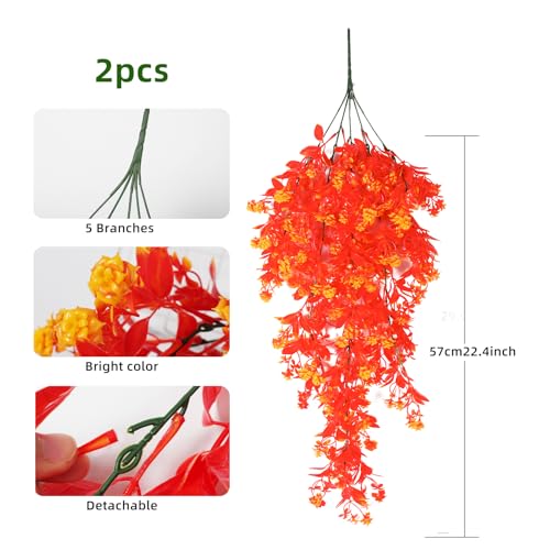 RECUTMS 2Pcs Artificial Fall Hanging Flowers for Outdoors Decoration Fake Fall Flowers Plants Artificial UV Resistant Plastic Greenery Vines Ivy for Outdoor Garden Porch Thanksgiving Decor（Gold） - color: Gold-rose