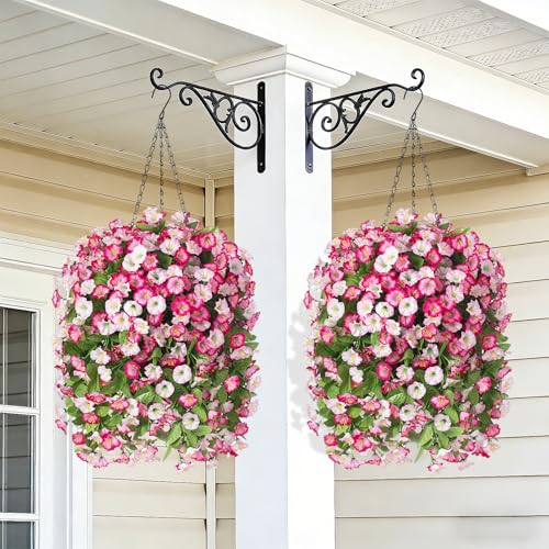 INXUGAO Artificial Flowers with Hanging Basket, Outdoor Faux Plants Silk Morning Glory Vines, Fake Green Arrangement for Garden Patio Spring Summer Decor (4pcs, Pink) - color: Pink