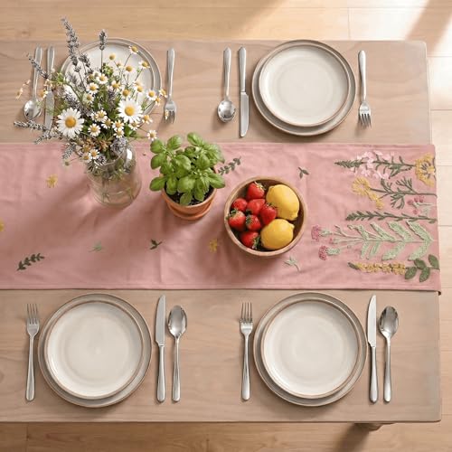 Artoid Mode Pink Soft Chain Embroidery Wild Floral Spring Table Runner, Seasonal Summer Kitchen Dining Table Decoration for Home Party Decor 13x72 Inch - color: Pink, size: 13" x 72", Table Runner