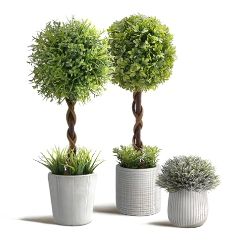 3 Pack Small Fake Plants in Farmhouse Concrete Planter, Artificial Boxwood Topiary ball Indoor for Home Decor, Small Faux Plants Indoor for Bathroom Bedroom Shelf Desk Office Table Kitchen Room Decor - color: Greener-boxwood