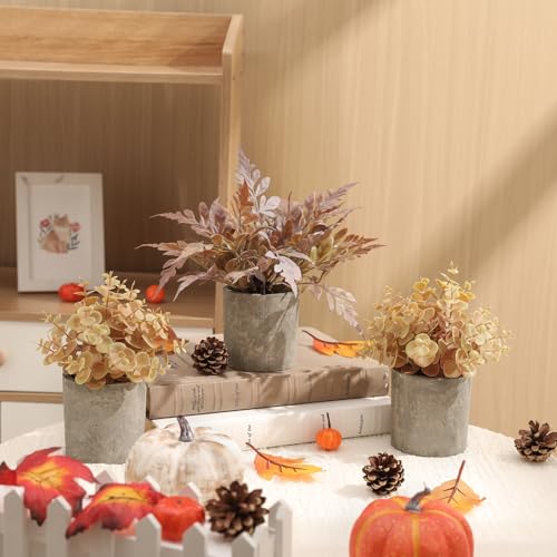 3 Pack Mini Fall Fake Potted Plants Artificial Plastic Eucalyptus Plants Fall Decor for Home, Office, Desk, Bathroom, Coffee Table & Shelf - color: Taro Purple