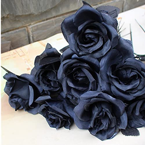 OUKEYI 8pcs Artificial Rose Flower, No Fade Black Roses,Single Stem Fake Silk Flowers Realistic Blossom Flora for DIY Home OfficeParty Decoration Bridal Wedding Bouquet Halloween Decoration (Black) - color: Black