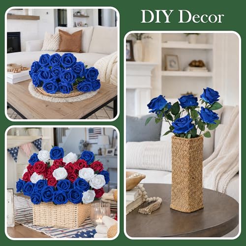 50 PCS Blue Roses Artificial Flowers, Real Looking Fake Roses with Long Stems Silk Flowers for DIY Wedding Bouquet Party Celebration Home Bridal Shower Decoration Valentine's Day Gift for Her Wife - color: Blue