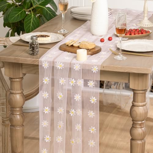 Artoid Mode Light Pink Daisy Gauze Embroidery Table Runner 120 Inch 10FT, Tulle Seasonal Spring Kitchen Dining Holiday Table Decor for Home Party - color: Light Pink