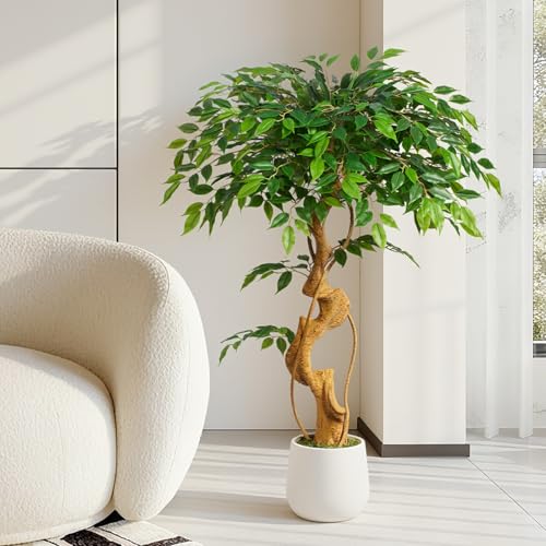 4ft Large Ficus Artificial Trees in White Pot, 48" Tall Fake Silk Tree with Natural Curved Trunk, Lush Faux Ficus Tree for Indoor Home Decor, Living Room, Office & Patio - size: 4ft