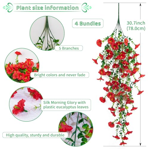 4 Pack Artificial Faux Hanging Flowers Plant for Outdoor, Fake Silk Morning Glory with Eucalyptus UV Resistant Realistic Trailing Vine for Wall Home Porch Patio Balcony Yard Indoor Decor, Red - color: Red