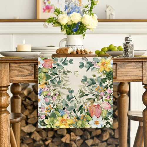 Artoid Mode Bloom Flowers Eucalyptus 210 GSM Spring Table Runner, Seasonal Summer Kitchen Dining Table Decoration for Home Party Decor 13x72 Inch - size: 13" x 72", Table Runner