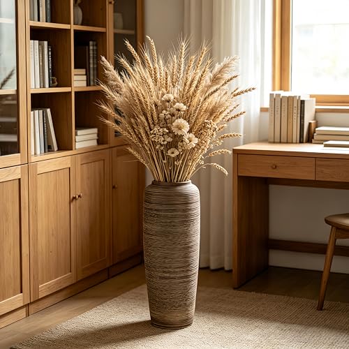 19.7 Inch Rustic Ceramic Large Floor Vase, Ribbed Textured Rustic Farmhouse Vase for Pampas Grass, Living Room & Entryway Décor, Handmade Ceramic Accent - size: 19.7 Inch