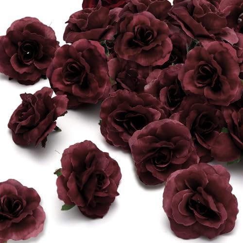 100 Pcs Mini Wine Red Roses Artificial Flowers Bulk, 1.9" Small Silk Fake Roses Flower Heads for Decoration, Wedding Centerpieces Bridal Shower Party Home Decor,DIY Crafts (Burgundy) - color: Burgundy