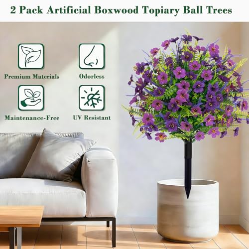 2PACK Artificial Topiary Ball Flowers Boxwood Lavender Plants with Spike,Outdoors Fake Greenery Plants UV Resistant,Plastic Faux Shrubs for Porch Yard Garden Spring Summer D17 - color: Violet Purple