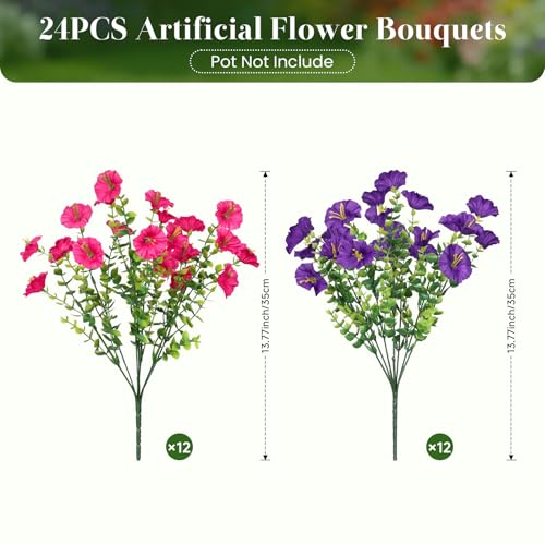Alupssuc 24 Bundles Artificial Flowers for Outdoors, Faux Spring Flowers for Decoration, UV Resistant Silk Morning Glory with Eucalyptus Realistic Fake Flowers for Yard Planter Porch, Purple Fuchsia - color: Deeppurple & Fuchsia