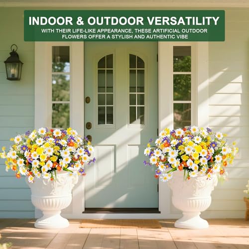 12 Bundles Artificial Daisy Flowers for Outdoors Summer Decor, UV Resistant No Fade Fake Cemetery Flowers Faux Plastic Greenery Plants for Hanging Planter Home Gardens Porch Memorial Day Décor(Colors) - color: Colors, size: 12 Bundles