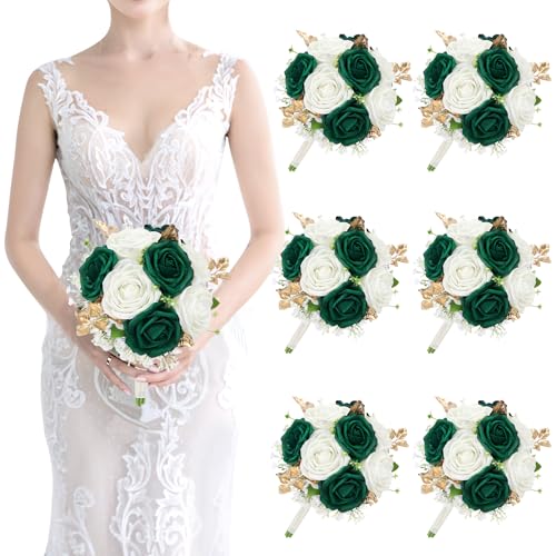 Artificial Bridesmaid Bouquet Set of 6 - Wedding Flowers Bouquets for Bridesmaids, Small Pre-made Faux Small Floral Bouquets for Bridal Shower, Ceremony, Anniversary - Emerald White Gold, 7 Inch - color: White & Emerald & Gold, size: Set of 6 Bridesmaid B