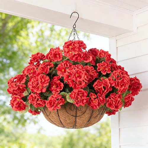 INSPRING Geraniums Artificial Flowers Hanging Basket for Outdoors Outside Spring Decoration, 8 Bundles Silk Flowers Fake Plants Look Real UV Resistant for Porch Home Patio Balcony Yard, Red - color: Red