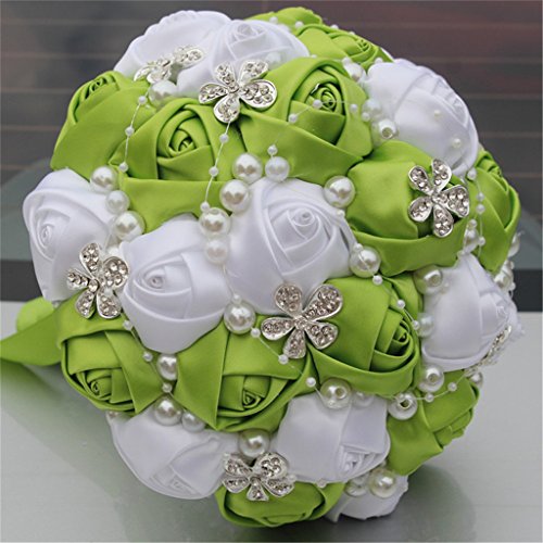 S_SSOY Wedding Bouquet Bride Bridal Brooch Bouquets Bridesmaid Bouquet Diamond Pearl Ribbon Valentine's Day Confession Party Church with Free Corsage Flower, Green+White - color: Green+white