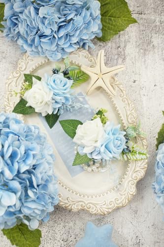 Light Blue Corsage and Boutonniere Set for Wedding Prom, Artificial Rose Flower Wrist Corsage Bracelets, Homecoming Corsage Wristlet, Boutonniere for Men Wedding Suit Decorations - color: Light Blue