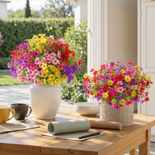 SHareconn 48 Bundles Artificial Flowers for Outdoors Decoration, Faux Plants Fake Silk Colorful Daisy Eucalyptus Lavender, UV Resistant for Outside Home Porch Patio Indoor Spring Decor, Mix 5 Colors - color: Redrosypurpleyellowpink