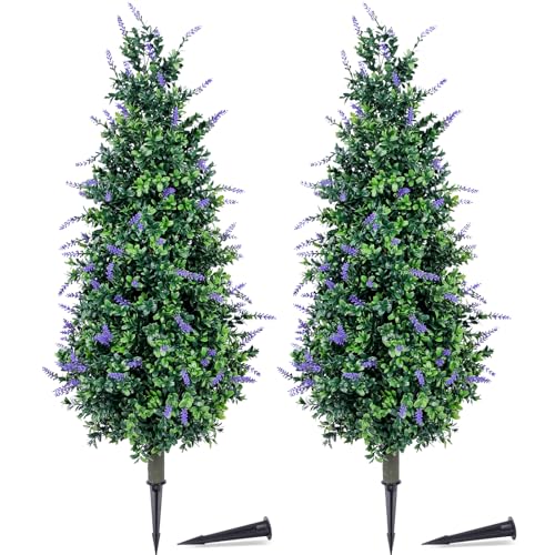 PATIO CHOICE 3ft Artificial Topiary Trees with Lavender Set of 2 Outdoor Faux Plants Artificial Realistic Fake Bushes Decorations for Outdoor Front Porch Garden (Lavender, 36in) - color: Lavender, size: 3ft