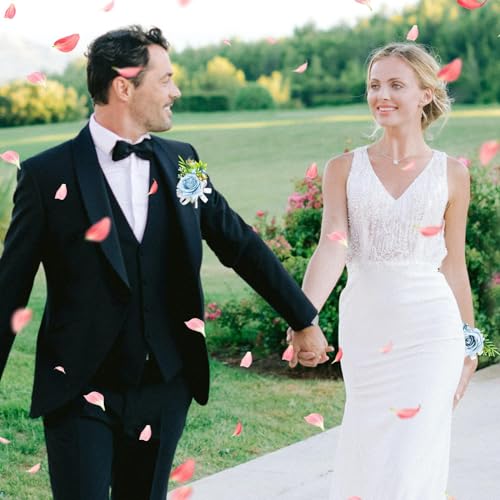2 Pcs Blue Rose Wrist Corsage and Boutonniere Set, Rose Corsage Hand for Women, Boutonniere for Men Wedding Artificial Flowers Accessories Prom Decor, Wedding Flower Party Accessories (Blue) - color: Blue