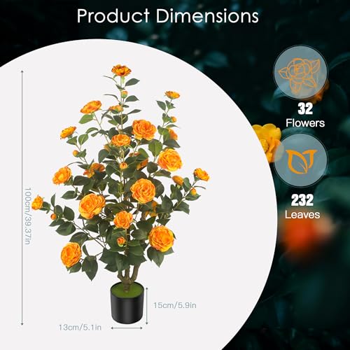 2Pack 39.37"/3.28FT Artificial Camellia Trees with 32 Flowers in Cement Pots – Lifelike Fake Trees for Front Porch, Home, Indoor Outdoor Spring Decor, Office or Housewarming Gifts (Orange) - color: Orange, size: 39.37 inchx2