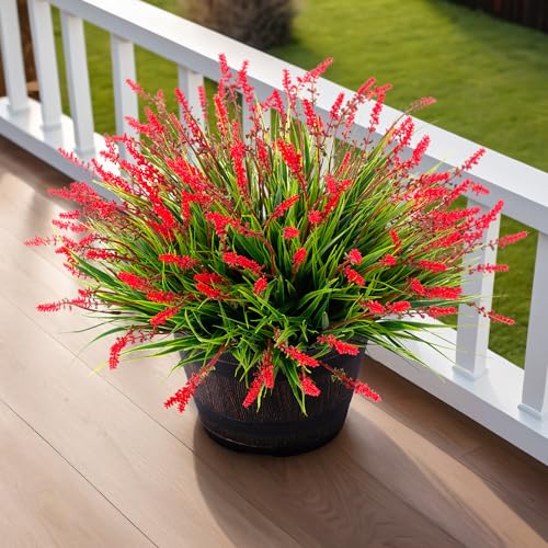 Artificial Faux Plants Flowers for Outdoor Decorations, Fake Monkey Grass for Outside Porch Patio, No Fade Realistic Greenery Plant, UV Resistant Artificial Bush Shrubs for Courtyard Window Garden - color: Red, size: 12 Pcs
