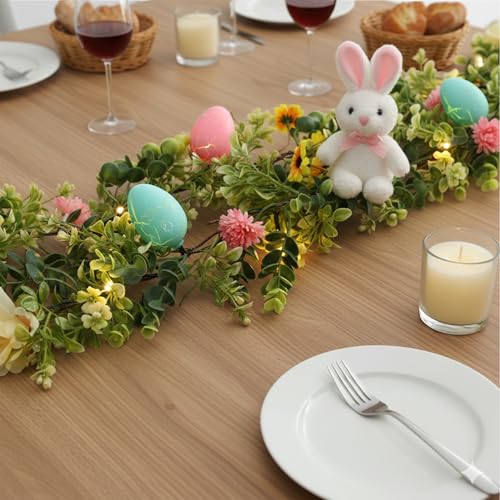 6ft Prelit Easter Garland with Easter Eggs and Flowers, Artificial Spring Greenery Floral Vine for Mantle, Table and Home Decor