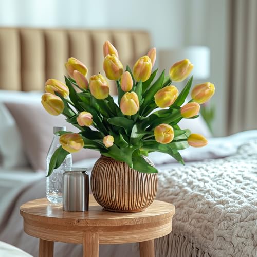 Bailikang 20PCS Fake Tulips 12' Artificial Tulip Silk Flowers Fake PU Bouquet Artificial Flowers Faux Flowers with Gift Box Soft Faux Tulips Bouquets Arrangements for Party Wedding Home - color: Yellow