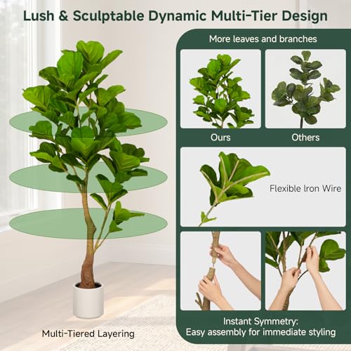 5ft Artificial Fiddle Leaf Fig Tree Tall Large Realistic Fake Ficus Lyrata Plant for Indoor Home Decor Office Living Room Floor Plant Modern Farmhouse Silk Tree 60 Inch Pet Safe Maintenance Free - size: 5FT