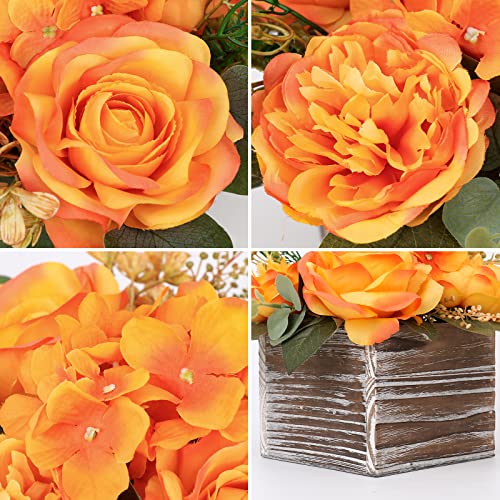 DILATATA Artificial Flower Arrangement, 8'' Orange Roses Peonies Hydrangeas in Wooden Planter, Rustic Fake Flowers in Pot for Home Decor Living Room - 1PC - color: 8"h Vibrant Orange