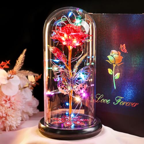 Mothers Day Flowers Gifts for Mom Women Birthday Gift, Galaxy Glass Rose Forever Eternal Crystal Flowers Rose in Glass Dome with Butterfly Mother's Day Roses Gifts for Mom Daughter Wife Grandma Red - color: E Red