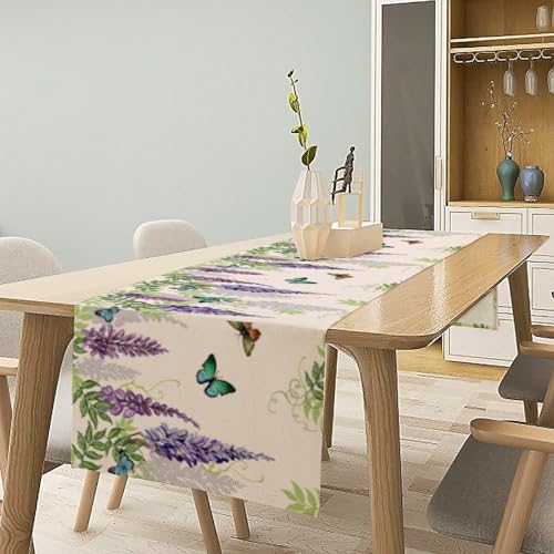 Butterfly Table Runner,Purple Watercolor Floral Plants Seasonal Decor Table Runner for Holiday Kitchen Living Room Home Party Decoration 13x36 Inch - color: Butterfly-7, size: 13x36in