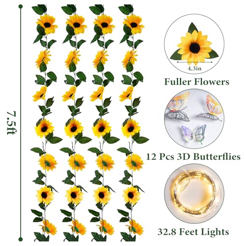 BonBloom's 4 Pack Fake Sunflowers Garland Decor,Sunflower Vines with Lights,7.5ft Artificial Silk Flower Garland for Table Centerpieces Wedding Birthday Home Fall Decorations - color: Sunflower With Light, size: 4 Pack