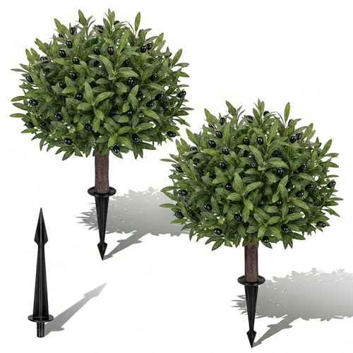 Artificial Olive Branch and Fruit Topiary Trees with Spikes for Outdoor 23" Set of 2, UV Resistant Faux Greenery Shrubs, Realistic Fake Bushes Plant for Garden Yard Front Porch Patio Decor - color: Olive