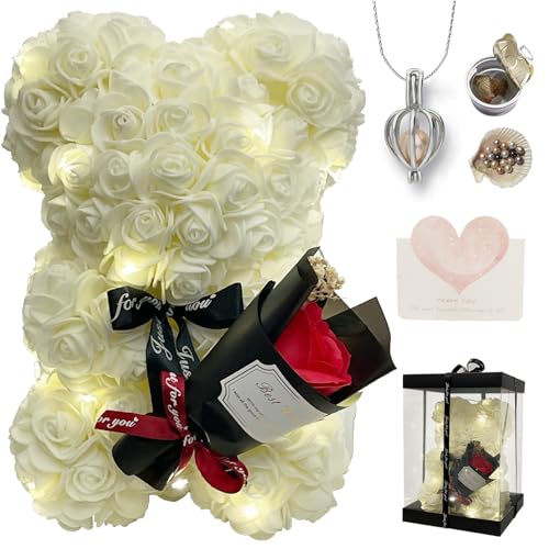 Romantic Valentines Day Gift for Her, Artificial Flowers Bouquet Necklace Rose Teddy Bear with Real Pearl Blind Box Birthday Gift, Valentiness Day Gift for Monther Wife Girl (White) - color: White