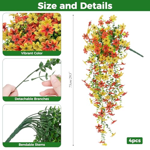 Roberly 4 Pcs Artificial Hanging Flowers for Outdoors, Realistic Faux Silk Flowers UV Resistant Fake Greenery Plants for Spring Summer Garden Porch Indoor Outdoor Home Decor, Orange Yellow - color: Orange Yellow