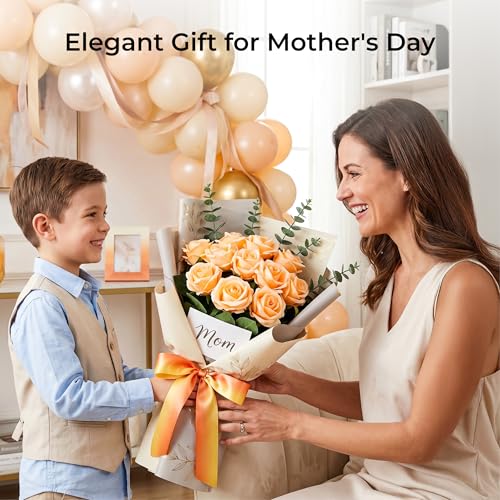 Auihiay 14PCS Champagne Artificial Roses, Realistic Silk Fake Roses Flowers with Long Stem for Father's Day, DIY Bouquets, Home Decor, Baby Shower Party & Wedding Centerpieces - color: Champagne