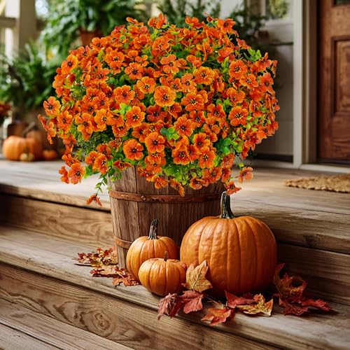 AXYLEX Artificial Fall Flowers Outdoor Fake Mums - 16 Bundles Fake Plants UV Resistant No Fade Faux Plastic Greenery Garden Porch Patio Fall Home Decor (Red Orange16) - color: Red Orange16