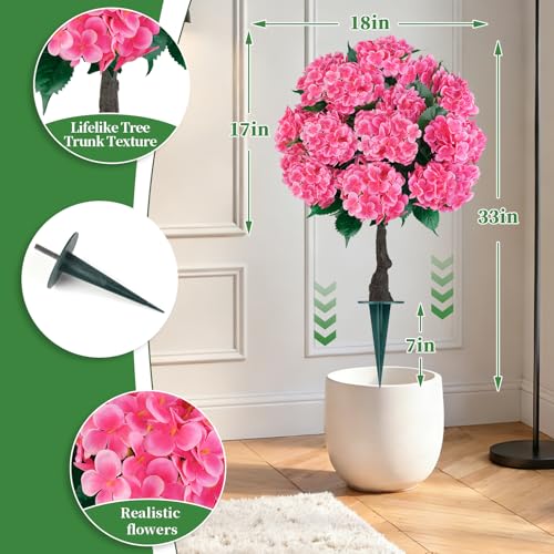 Grooy Artificial Topiary Ball Tree with Pink Hydrangea, Set of 2 UV Resistant Shrubs with Ground Spike, Fake Evergreen Plant Decor for Porch Garden Indoor Outdoor - color: Pink Hydrangea