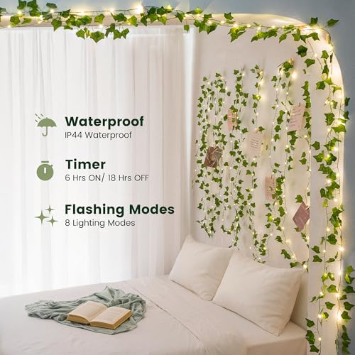 HEYFUNi Fake Ivy Vines with Lights, 23 Ft 73 Led Artificial Greenery Garland with Fairy Lights USB/Battery Operated, Leaf String Lights for Bedroom Aesthetic, Wall, Balcony, Wedding Decor, Warm White - color: Ivy, size: 73 LED-USB & Battery