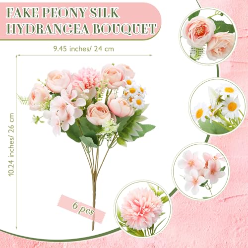 Tigeen 6 Bundles Artificial Bouquet Flowers Artificial Peonies Faux Roses Hydrangea Flowers Bouquet for Wedding Table Centerpiece Floral Vase Decor (White,Pink) - color: White,pink