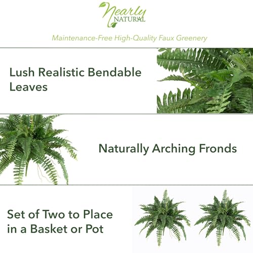 Nearly Natural 40in Boston Fern Artificial Plant, Large Hanging Fake Plant with 56 Long Realistic Fronds, Maintenance-Free Faux Fern for Office and Home Décor (Set of 2) - size: 40" - Set of 2