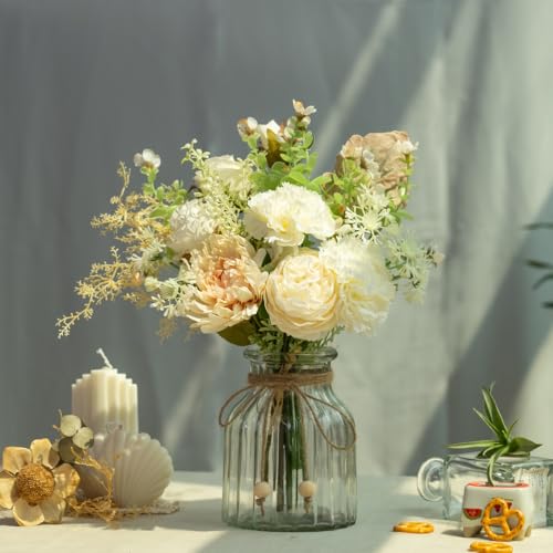 LESING Fake Artificial Flowers with Vase Faux Silk Flower Bouquet in Glass Vase Rose Floral Arrangements Flower for Home Office Decoration, Dining Table Centerpiece (White) - color: White