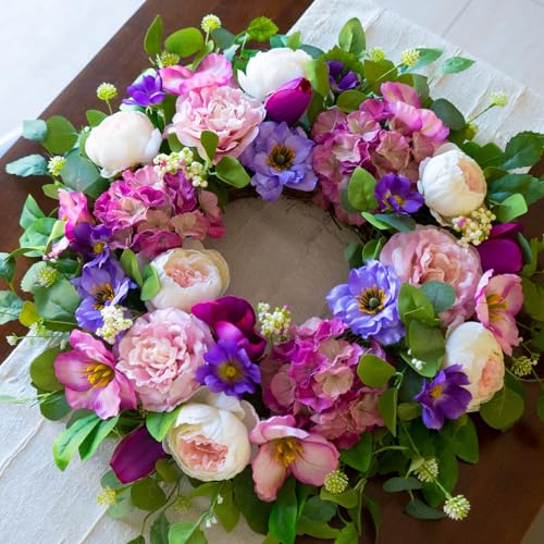 Summer Wreaths for Front Door 24 Inch Spring Summer Wreath with Blush Pink Roses & Purple Blooms and Hydrangeas,Luxury Summer Door Wreath for Porch,Home,Wall,Window Decor(Indoor Outdoor Use) - color: Hydrangeas