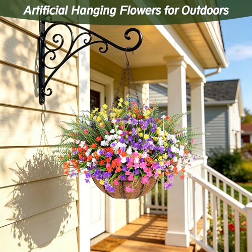 24 Bundles Artificial Outdoor Flowers, UV Resistant Faux Flowers for Outdoor Planters, Plastic Fake Plants for Front Porch Patio Garden Hanging Basket - color: Mix Color-3, size: 24PCS