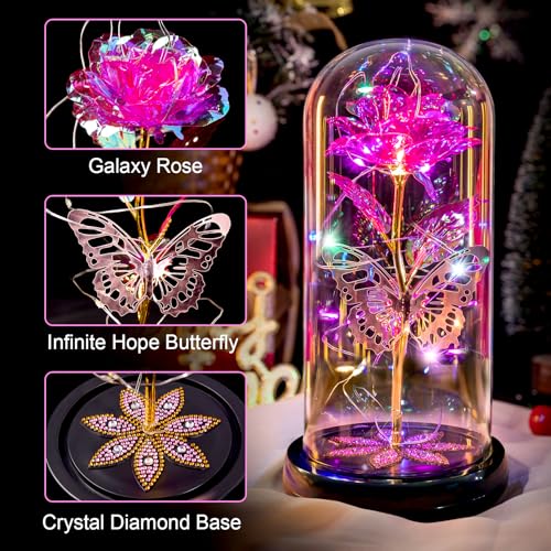 Mothers Day Flowers Gifts for Mom Women Birthday Gift, Galaxy Glass Rose Forever Eternal Crystal Flowers Rose in Glass Dome with Butterfly Mother's Day Roses Gifts for Mom Daughter Wife Grandma Pink - color: D Pink