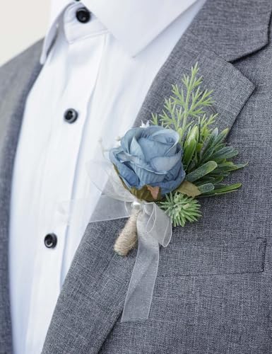 Alizeal 2Pcs of Wrist Corsage and Boutonniere Set, Artificial Flowers Accessories Suit Decor for Wedding Prom Party Homecoming Ceremony, Light Blue - color: Light Blue