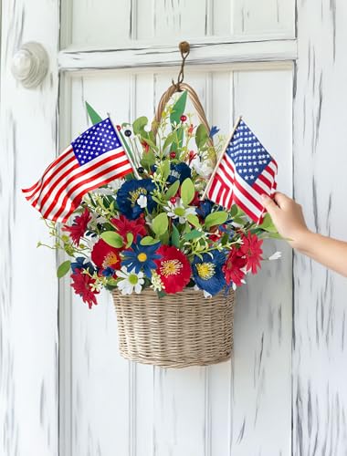 BLOSMON Red White and Blue Flowers: 4 Bundles Fake Flowers 4th of July Patriotic Decorations for Table Centerpieces - USA 250 Anniversary Artificial Bouquet Home Memorial Day Decor (Vase Not Included)