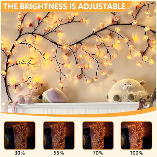 FNHMSL Cherry Enchanted Willow Vine Lights, 5.25FT 72LED Pink Cherry Blossom Tree Branch Lights for Wall, Remote Timer,8 Light Model,Bedroom Wall Doors Wedding, Christmas, USB Battery Box - color: Pink Cherry 72 LED, size: 5.25FT