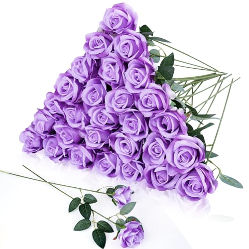 30pcs Fake Roses Artificial Silk Flowers Long Stems Bouquet for Wedding Bridal Shower Party Home Decoration (Purple) - color: Purple
